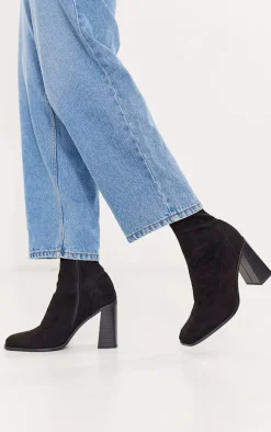 Black Wide Fit Faux Suede Block Heeled Sock Ankle Boots