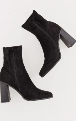 Black Wide Fit Faux Suede Block Heeled Sock Ankle Boots