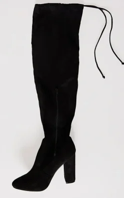 Black Wide Fit Faux Suede Round Toe Block Heel Over The Knee Boots