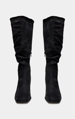Black Wide Fit Faux Suede Square Toe Ruched High Blocked Heeled Knee Boots