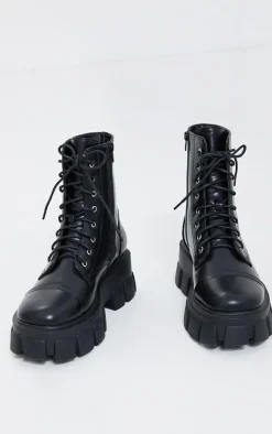 Black Wide Fit Lace Up Extreme Chunky Combat Boots