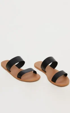 Black Wide Fit Leather Twin Strap Sandal