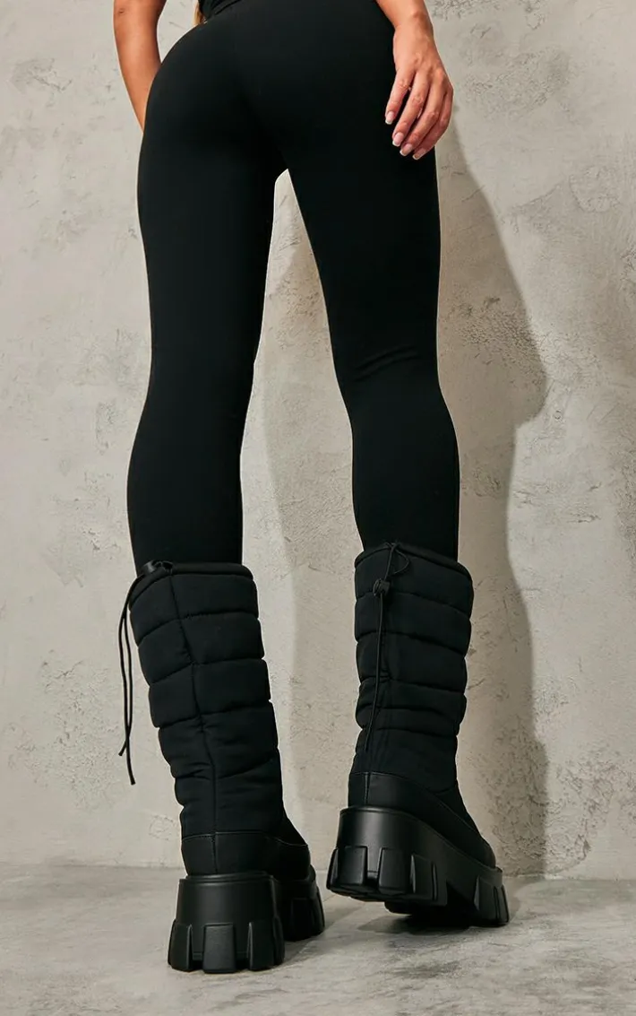 Black Wide Fit Nylon Quilted Chunky Ankle Snow Boot