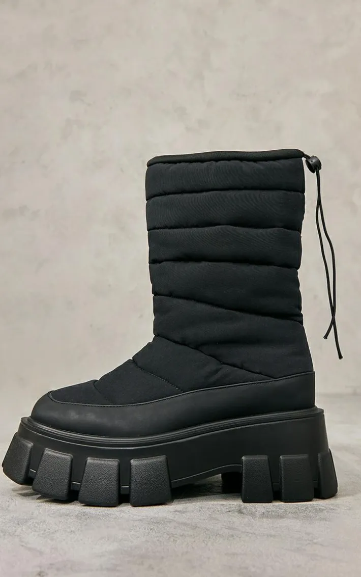 Black Wide Fit Nylon Quilted Chunky Ankle Snow Boot