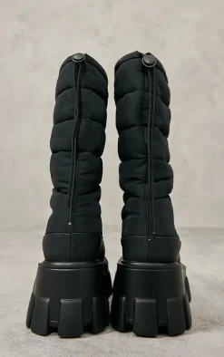 Black Wide Fit Nylon Quilted Chunky Ankle Snow Boot