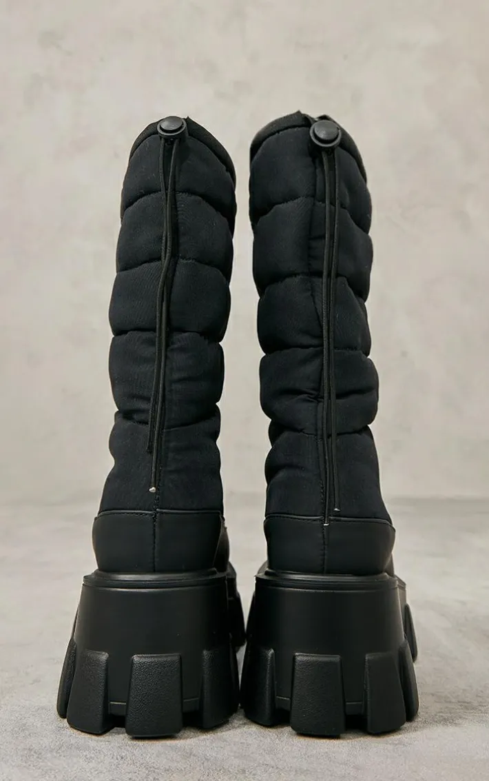 Black Wide Fit Nylon Quilted Chunky Ankle Snow Boot