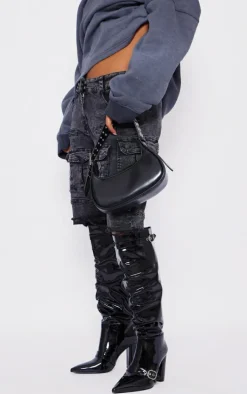 Black Wide Fit Patent Pu Point Toe Buckle Ruched Block Heel Knee Boots