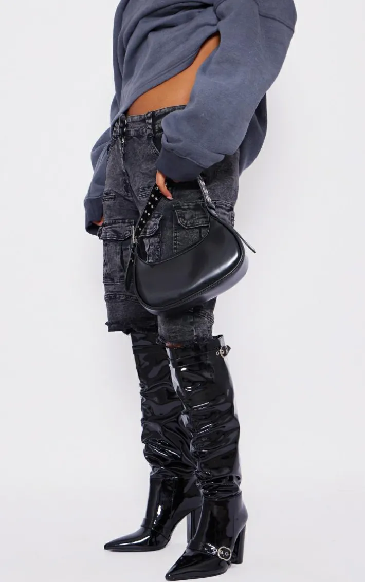 Black Wide Fit Patent Pu Point Toe Buckle Ruched Block Heel Knee Boots