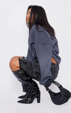 Black Wide Fit Patent Pu Point Toe Buckle Ruched Block Heel Knee Boots