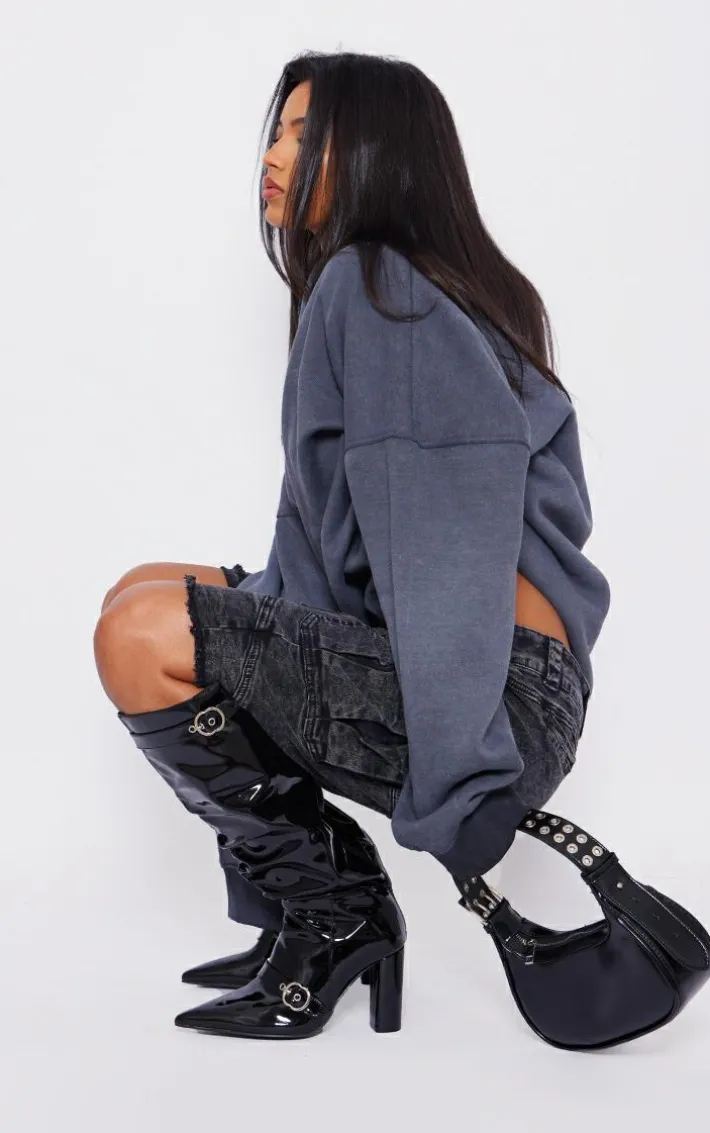 Black Wide Fit Patent Pu Point Toe Buckle Ruched Block Heel Knee Boots