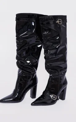 Black Wide Fit Patent Pu Point Toe Buckle Ruched Block Heel Knee Boots