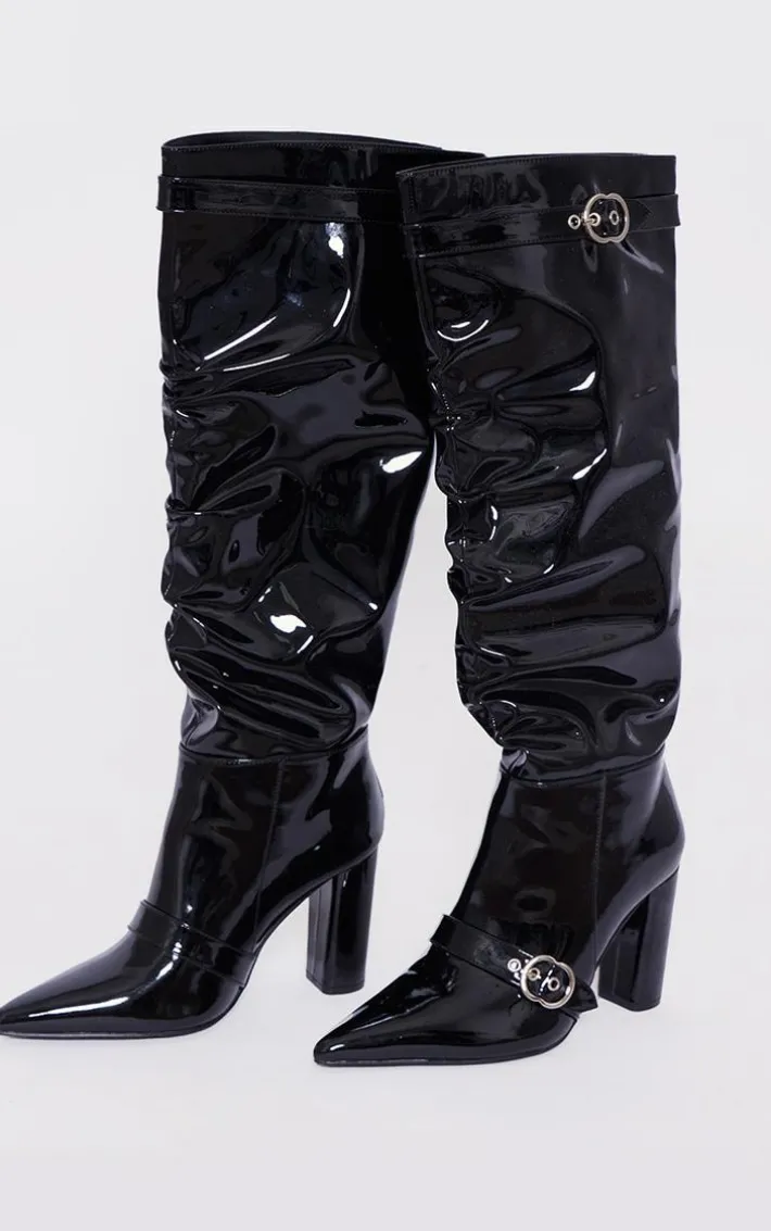Black Wide Fit Patent Pu Point Toe Buckle Ruched Block Heel Knee Boots