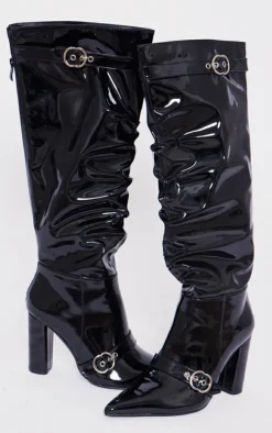 Black Wide Fit Patent Pu Point Toe Buckle Ruched Block Heel Knee Boots