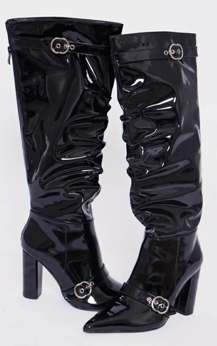 Black Wide Fit Patent Pu Point Toe Buckle Ruched Block Heel Knee Boots