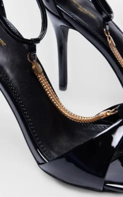 Black Wide Fit Patent PU Round Toe Gold Chain Heeled Sandals