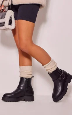 Black Wide Fit PU Buckle Detail Ankle Boots