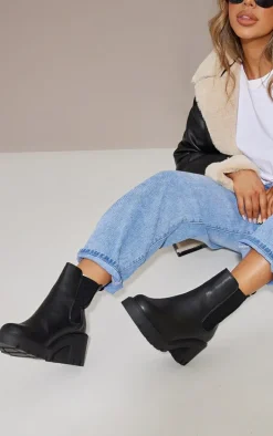 Black Wide Fit PU Chunky Chelsea Ankle Boots