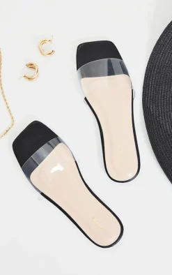 Black WIDE FIT PU Clear Strap Mule Sandals