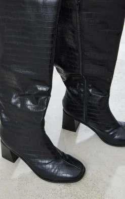 Black Wide Fit Pu Croc Square Toe Mid Block Heeled Knee Boots