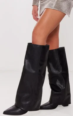 Black Wide Fit PU Fold Over Knee High Block Heeled Western Boots