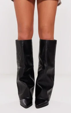 Black Wide Fit PU Fold Over Knee High Block Heeled Western Boots
