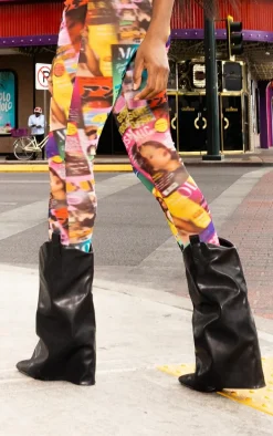 Black Wide Fit Pu Point Toe Fold Over High Heeled Calf High Boots