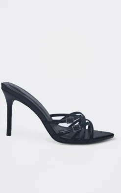 Black Wide Fit PU Point Toe Cross Strap Buckle Heeled Mules