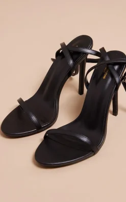 Black Wide Fit Pu Round Toe Barely There High Heeled Sandals