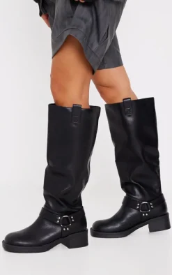 Black Wide Fit Pu Round Toe Buckle Detail Knee High Boots