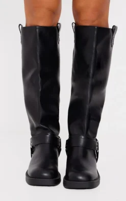 Black Wide Fit Pu Round Toe Buckle Detail Knee High Boots