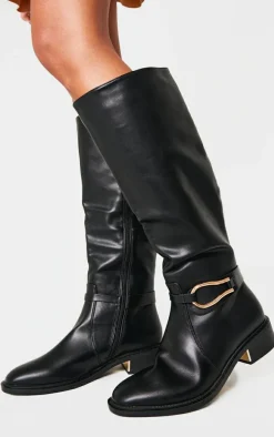 Black Wide Fit Pu Round Toe Gold Buckle Block Heel Knee High Boots