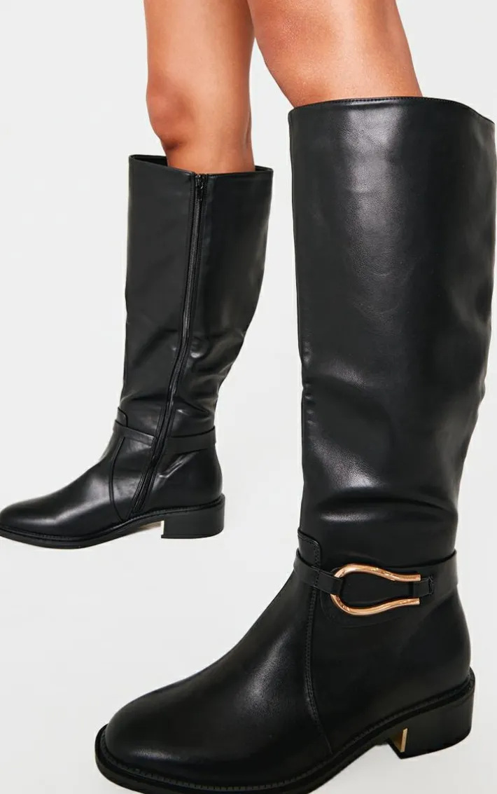 Black Wide Fit Pu Round Toe Gold Buckle Block Heel Knee High Boots