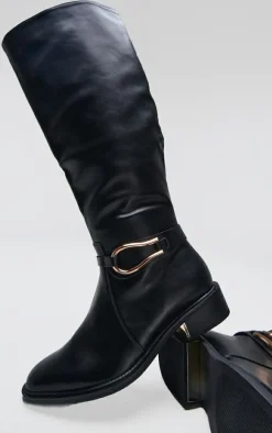Black Wide Fit Pu Round Toe Gold Buckle Block Heel Knee High Boots