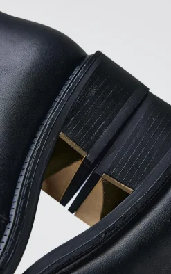 Black Wide Fit Pu Round Toe Gold Buckle Block Heel Knee High Boots