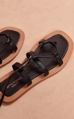 Black Wide Fit Real Leather Round Toe Lace Up Flat Sandals