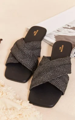 Black Wide Fit Square Toe Cross Strap Flat Sandals