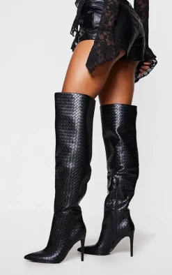 Black Wide Fit Weave Pu Point Toe Over The Knee Heeled Boots
