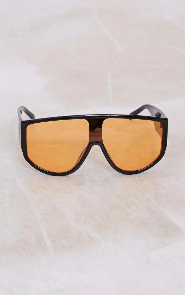 Black With Orange Lens Oversized Visor Sunglasses