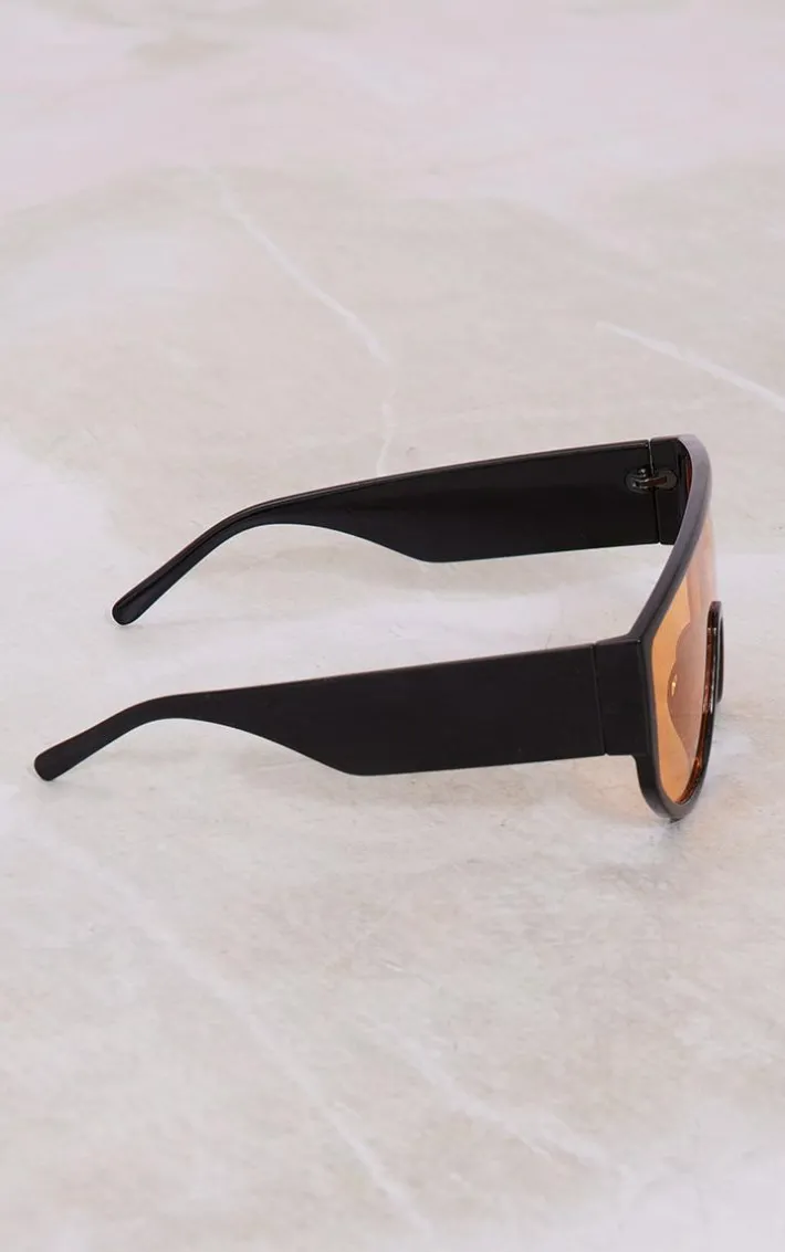 Black With Orange Lens Oversized Visor Sunglasses