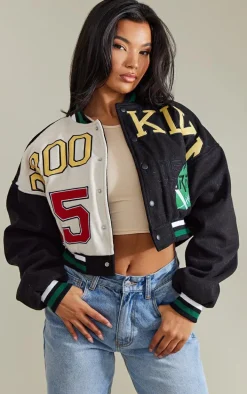 Black Wool Look Graphic Front Cropped Bomber Jacket