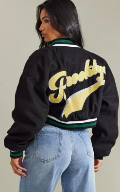 Black Wool Look Graphic Front Cropped Bomber Jacket