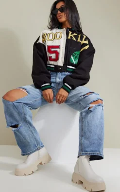 Black Wool Look Graphic Front Cropped Bomber Jacket