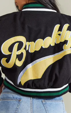 Black Wool Look Graphic Front Cropped Bomber Jacket