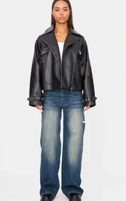 Black Worn Faux Leather Oversized Biker Jacket