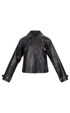Black Worn Faux Leather Oversized Biker Jacket