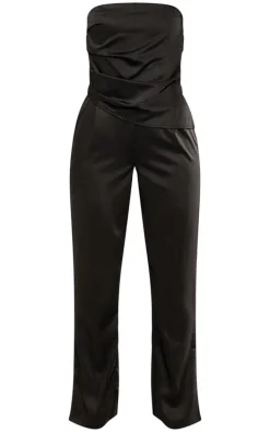 Black Woven Bandeau Ruched Asymmetric Hem Wide Leg Jumpsuit