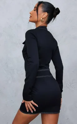 Black Woven Contrast Stitch Detail Bodycon Dress