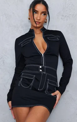 Black Woven Contrast Stitch Detail Bodycon Dress