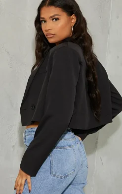 Black Woven Cropped Shoulder Padded Blazer