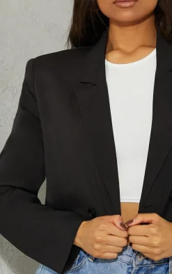 Black Woven Cropped Shoulder Padded Blazer
